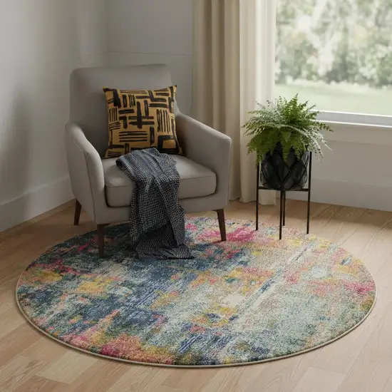 5' X 5' Blue And Yellow Round Abstract Power Loom Non Skid Area Rug Photo 1