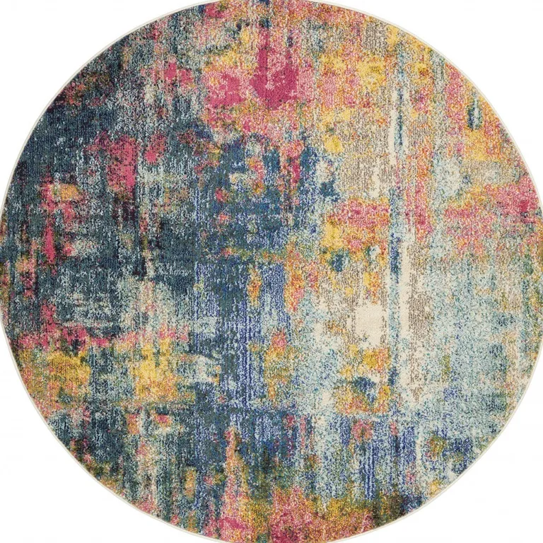 Blue And Yellow Round Abstract Power Loom Non Skid Area Rug Photo 4