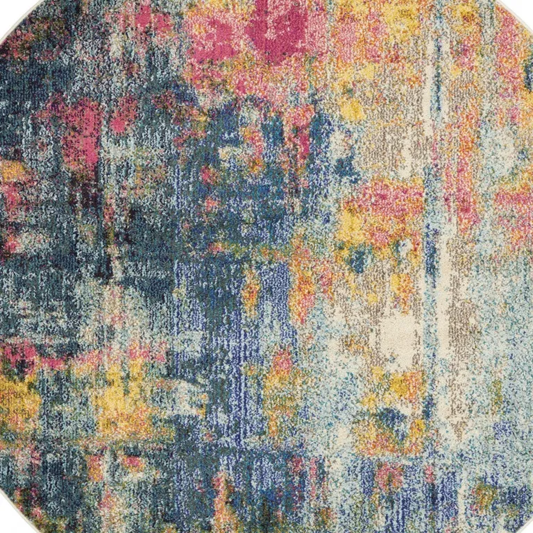 Blue And Yellow Round Abstract Power Loom Non Skid Area Rug Photo 3