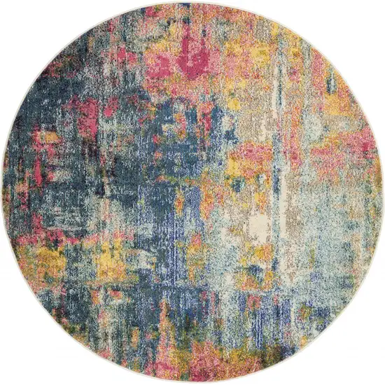 Blue And Yellow Round Abstract Power Loom Non Skid Area Rug Photo 1