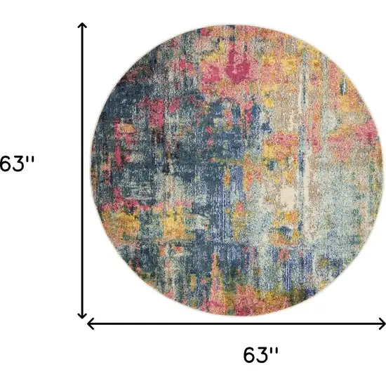 Blue And Yellow Round Abstract Power Loom Non Skid Area Rug Photo 5