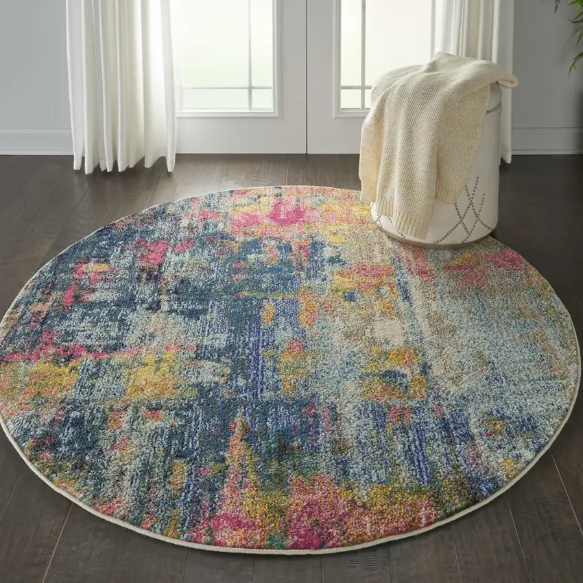 5' X 5' Blue And Yellow Round Abstract Power Loom Non Skid Area Rug Photo 5