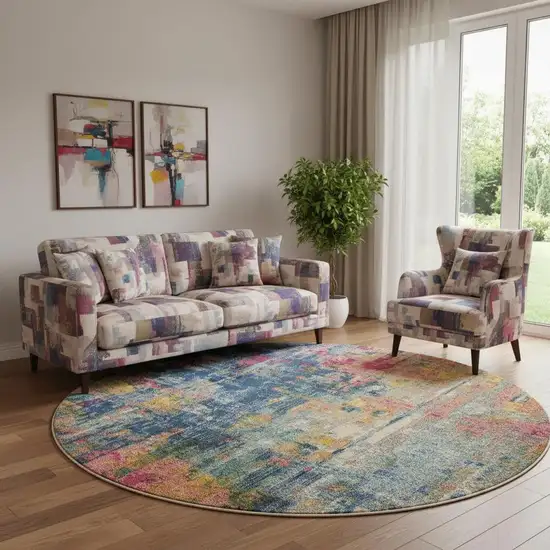 8' X 8' Blue And Yellow Round Abstract Power Loom Non Skid Area Rug Photo 1