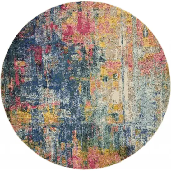 Blue And Yellow Round Abstract Power Loom Non Skid Area Rug Photo 1