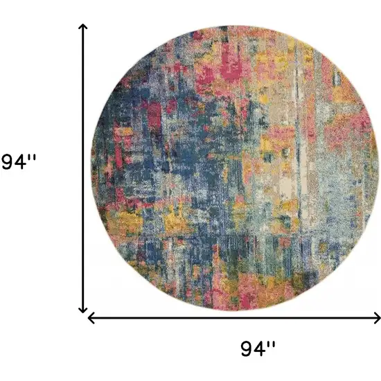 Blue And Yellow Round Abstract Power Loom Non Skid Area Rug Photo 5