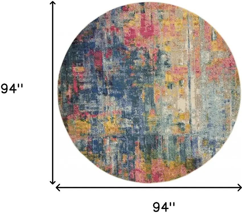 Blue And Yellow Round Abstract Power Loom Non Skid Area Rug Photo 5