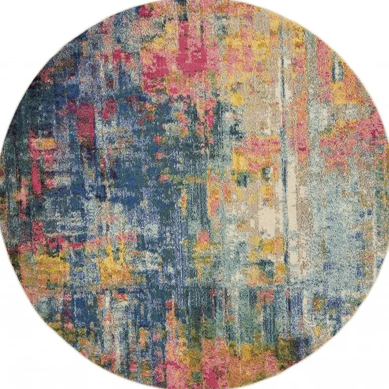 Blue And Yellow Round Abstract Power Loom Non Skid Area Rug Photo 4