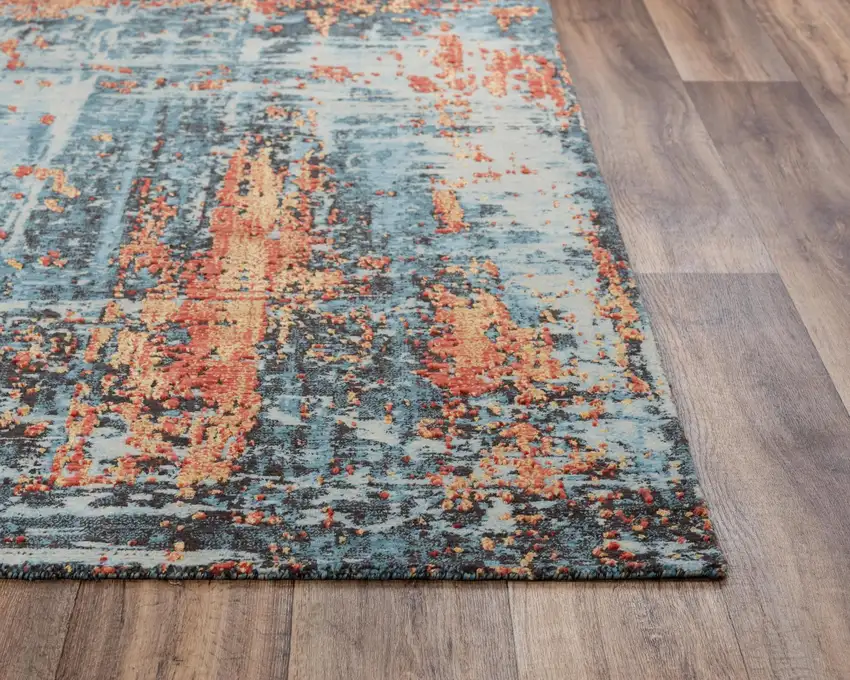 Blue Apricot And Ivory New Zealand Lambs Wool Abstract Hand Carved Handmade Area Rug Photo 2