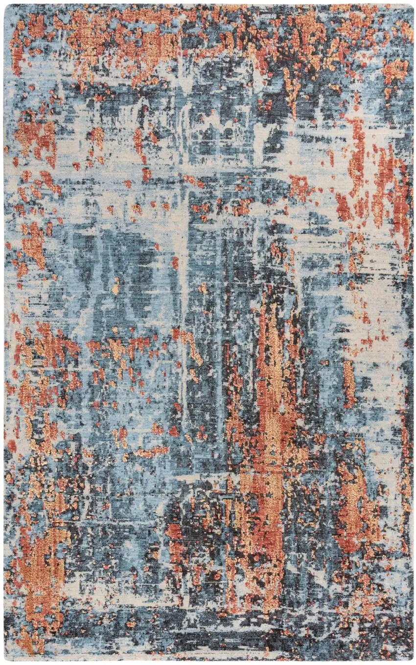 Blue Apricot And Ivory New Zealand Lambs Wool Abstract Hand Carved Handmade Area Rug Photo 1