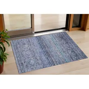 Photo of Blue Aqua And Charcoal Floral Washable Indoor Outdoor Area Rug