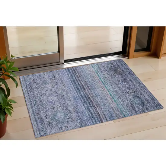 Blue Aqua And Charcoal Floral Washable Indoor Outdoor Area Rug Photo 1
