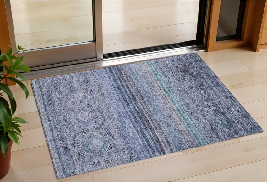 Blue Aqua And Charcoal Floral Washable Indoor Outdoor Area Rug Photo 1