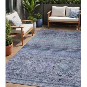 Photo of Blue Aqua And Charcoal Floral Washable Indoor Outdoor Area Rug