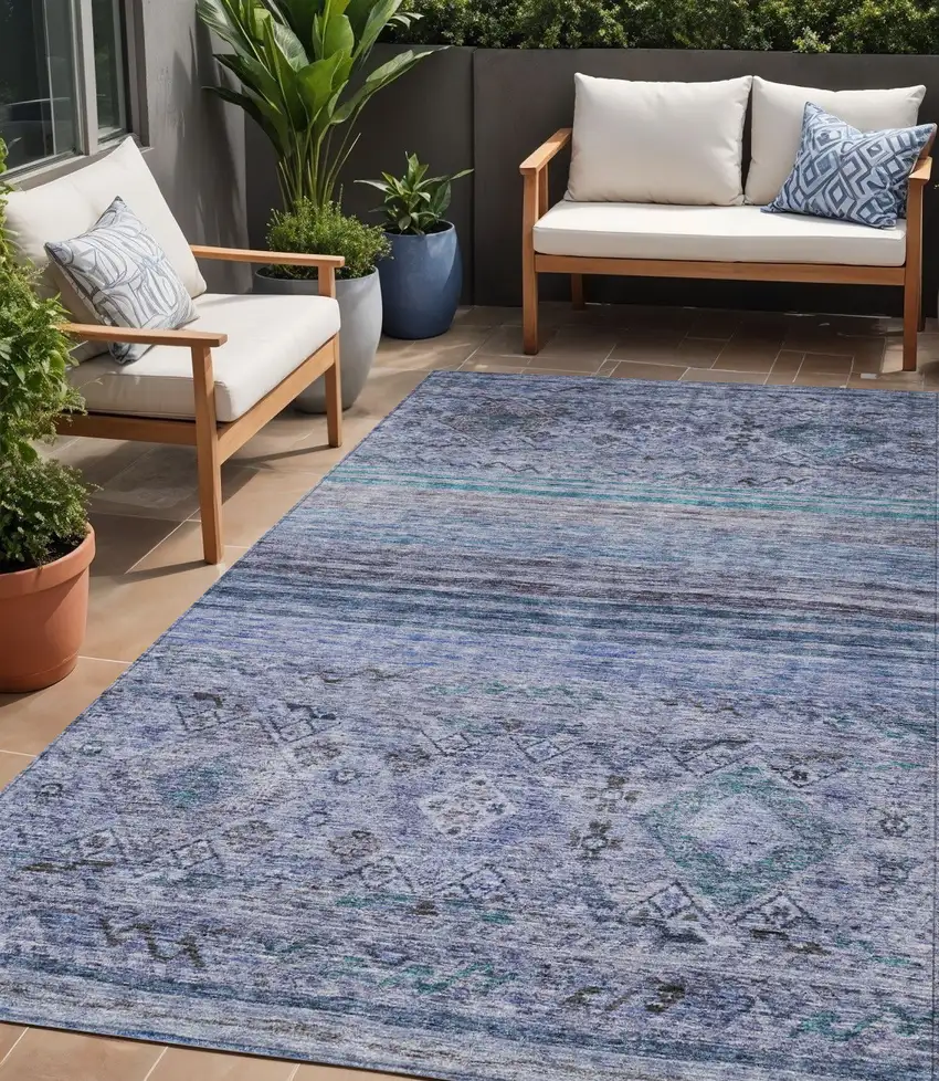Blue Aqua And Charcoal Floral Washable Indoor Outdoor Area Rug Photo 1