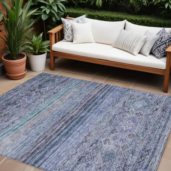 Blue Aqua And Charcoal Floral Washable Indoor Outdoor Area Rug Photo 1