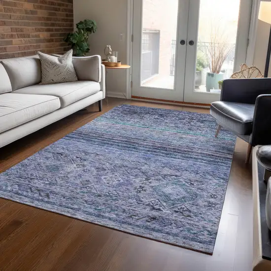 Blue Aqua And Charcoal Floral Washable Indoor Outdoor Area Rug Photo 9
