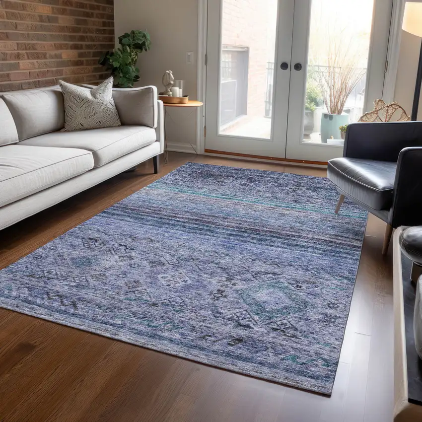 Blue Aqua And Charcoal Floral Washable Indoor Outdoor Area Rug Photo 9