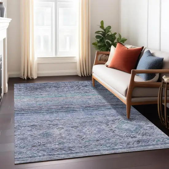 Blue Aqua And Charcoal Floral Washable Indoor Outdoor Area Rug Photo 9