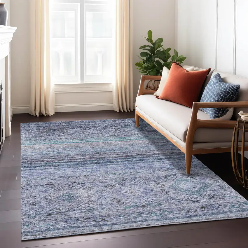 Blue Aqua And Charcoal Floral Washable Indoor Outdoor Area Rug Photo 9