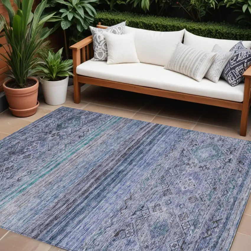 Blue Aqua And Charcoal Floral Washable Indoor Outdoor Area Rug Photo 1