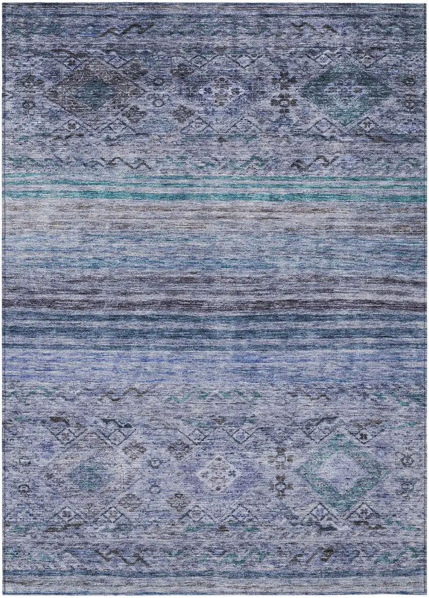 Blue Aqua And Charcoal Floral Washable Indoor Outdoor Area Rug Photo 2