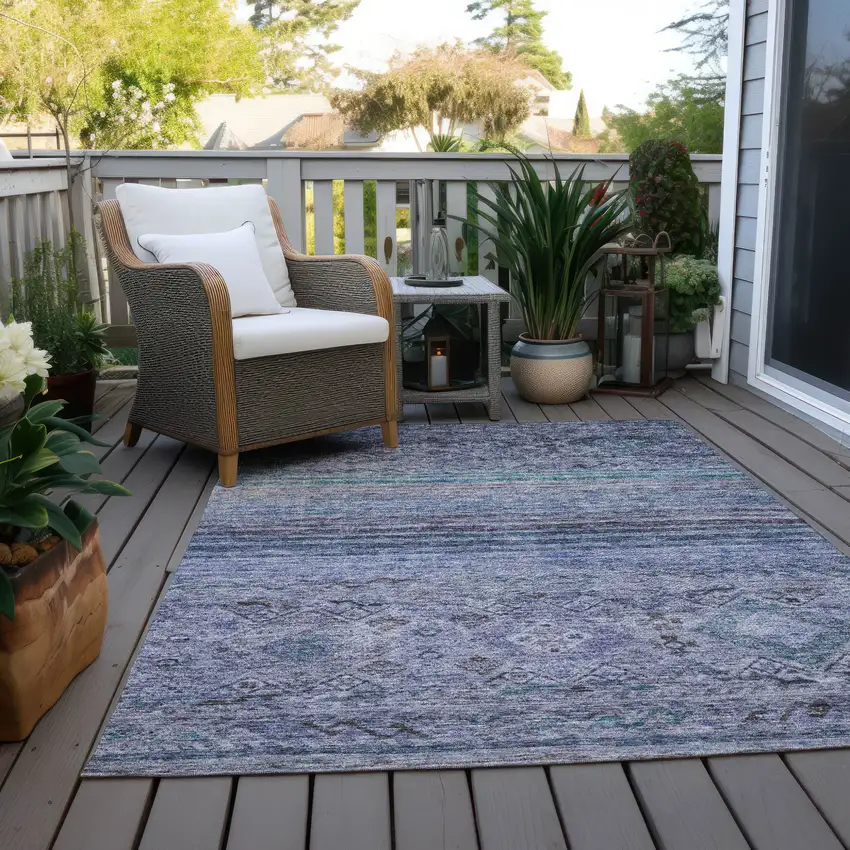Blue Aqua And Charcoal Floral Washable Indoor Outdoor Area Rug Photo 8
