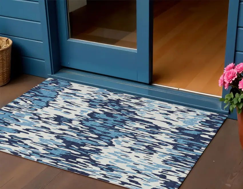 Blue Aqua And Ivory Striped Washable Indoor Outdoor Area Rug Photo 1