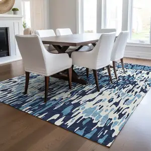Photo of Blue Aqua And Ivory Striped Washable Indoor Outdoor Area Rug