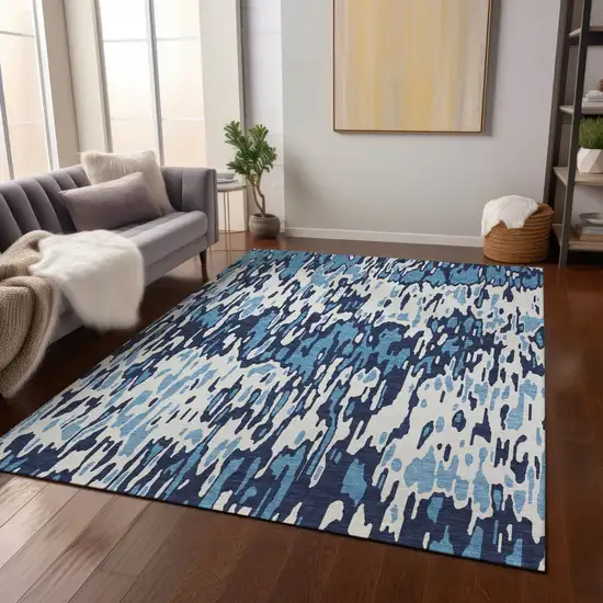 Blue Aqua And Ivory Striped Washable Indoor Outdoor Area Rug Photo 8