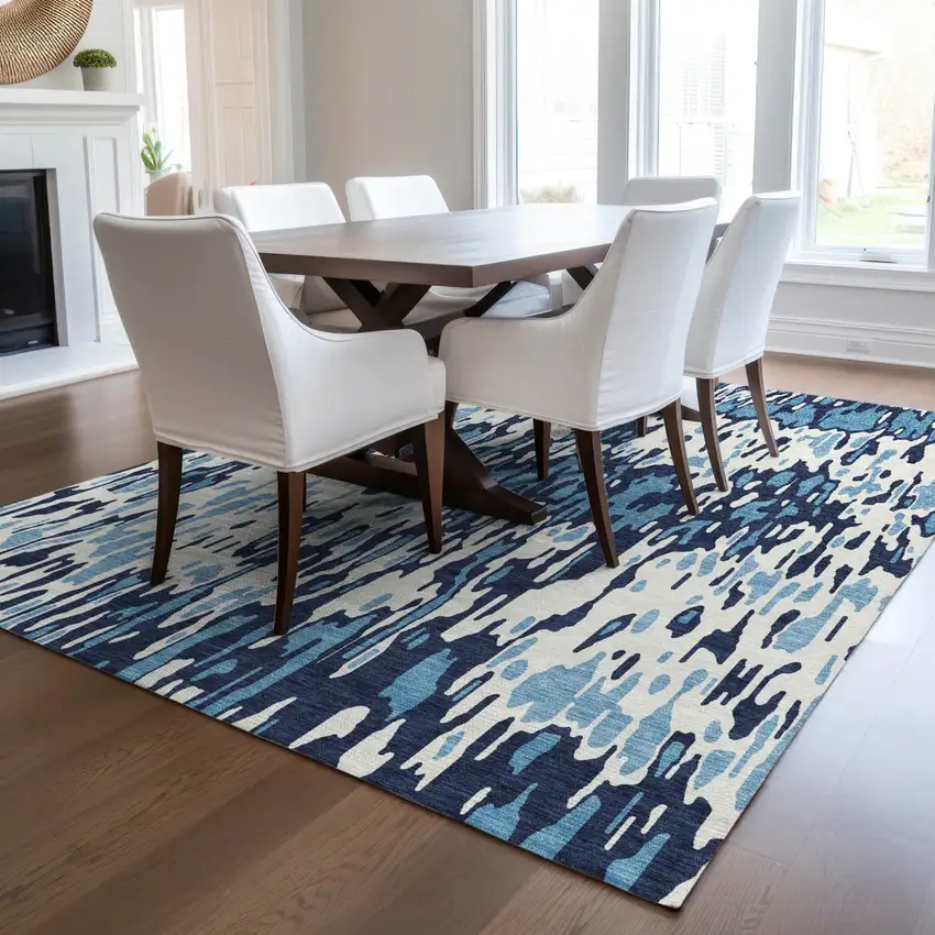 Blue Aqua And Ivory Striped Washable Indoor Outdoor Area Rug Photo 9