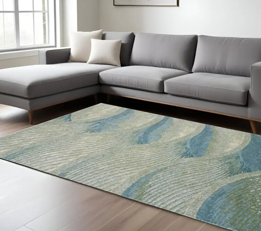 Beige Blue And Sage Abstract Area Rug Photo 1