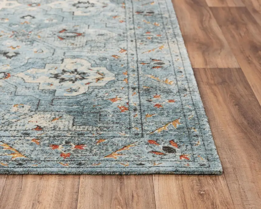 Blue Beige And Apricot New Zealand Lambs Wool Oriental Hand Carved Handmade Area Rug Photo 3