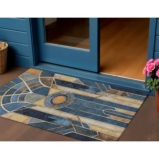 Blue Beige And Copper Geometric Washable Indoor Outdoor Area Rug Photo 2
