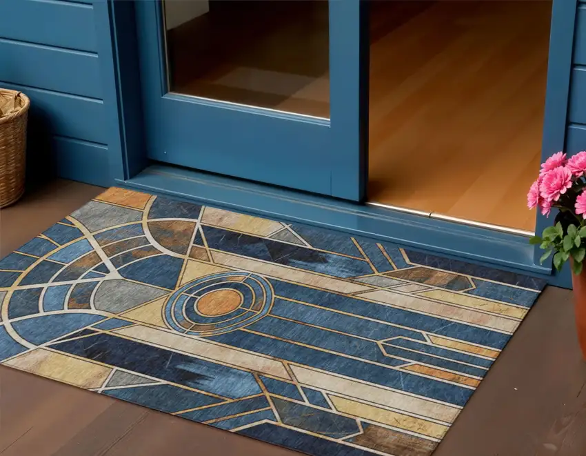 Blue Beige And Copper Geometric Washable Indoor Outdoor Area Rug Photo 2