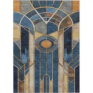 Photo of Blue Beige And Copper Geometric Washable Indoor Outdoor Area Rug