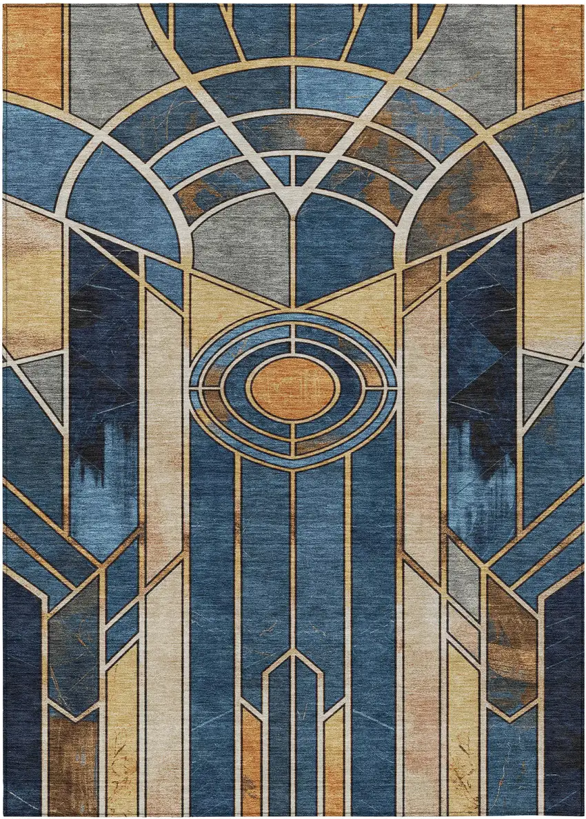 Blue Beige And Copper Geometric Washable Indoor Outdoor Area Rug Photo 1