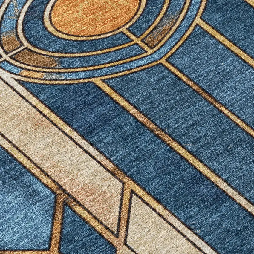 Blue Beige And Copper Geometric Washable Indoor Outdoor Area Rug Photo 8