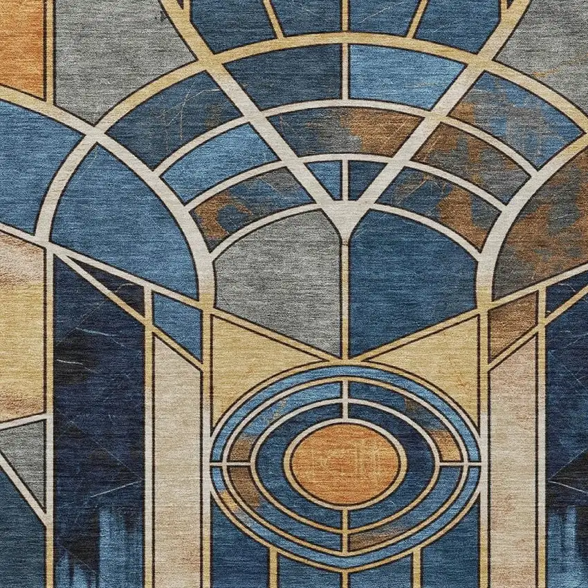 Blue Beige And Copper Geometric Washable Indoor Outdoor Area Rug Photo 7