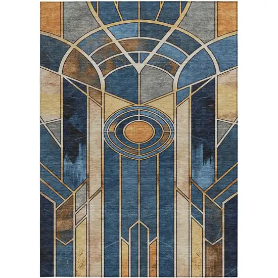 Blue Beige And Copper Geometric Washable Indoor Outdoor Area Rug Photo 4