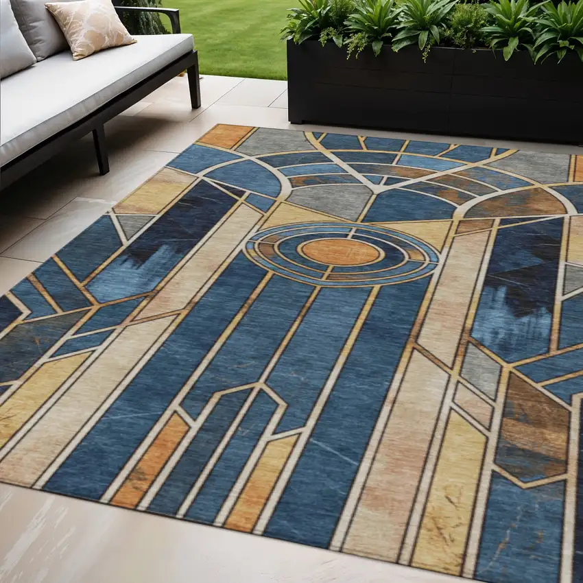 Blue Beige And Copper Geometric Washable Indoor Outdoor Area Rug Photo 2