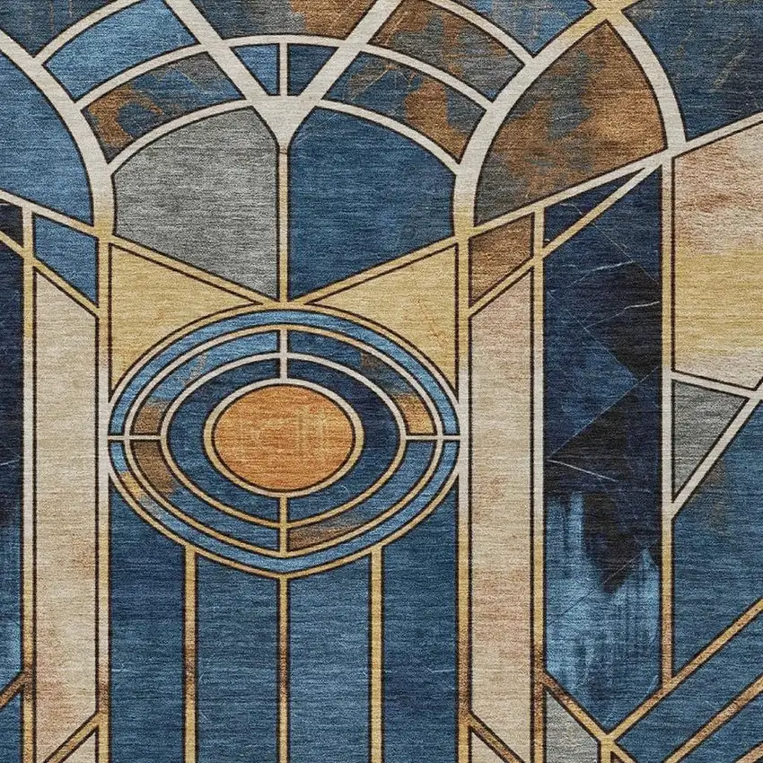 Blue Beige And Copper Geometric Washable Indoor Outdoor Area Rug Photo 5