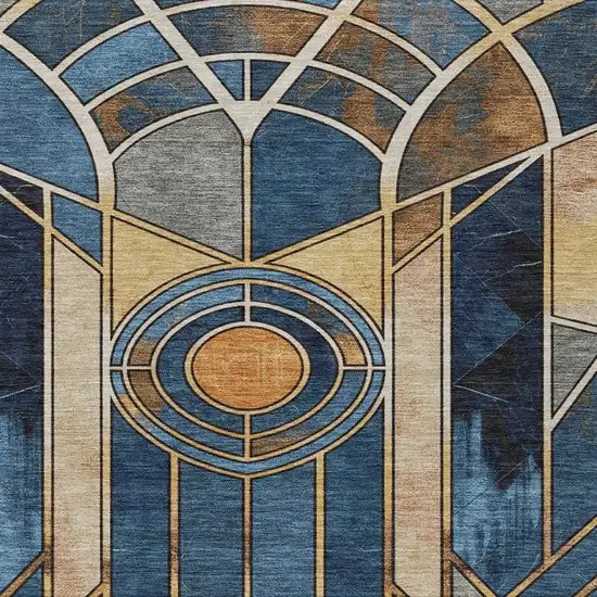 Blue Beige And Copper Geometric Washable Indoor Outdoor Area Rug Photo 5