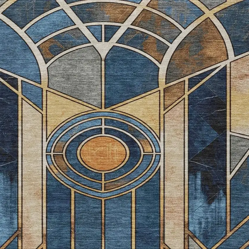 Blue Beige And Copper Geometric Washable Indoor Outdoor Area Rug Photo 5