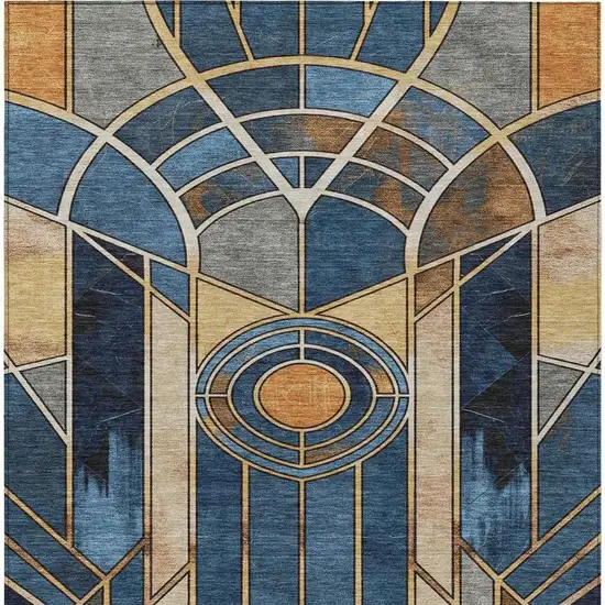 Blue Beige And Copper Geometric Washable Indoor Outdoor Area Rug Photo 3