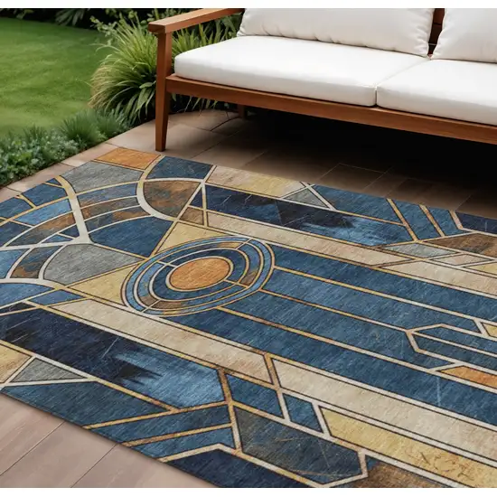Blue Beige And Copper Geometric Washable Indoor Outdoor Area Rug Photo 2