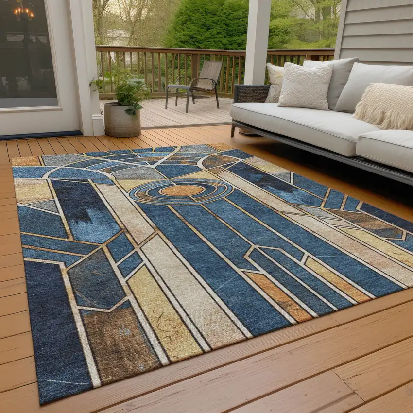 Blue Beige And Copper Geometric Washable Indoor Outdoor Area Rug Photo 7