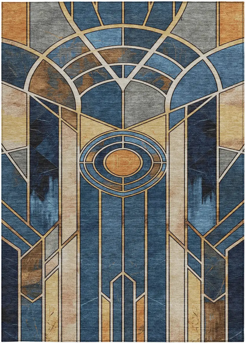 Blue Beige And Copper Geometric Washable Indoor Outdoor Area Rug Photo 3