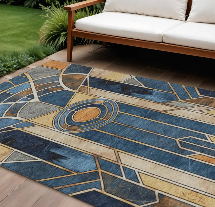 Blue Beige And Copper Geometric Washable Indoor Outdoor Area Rug Photo 2