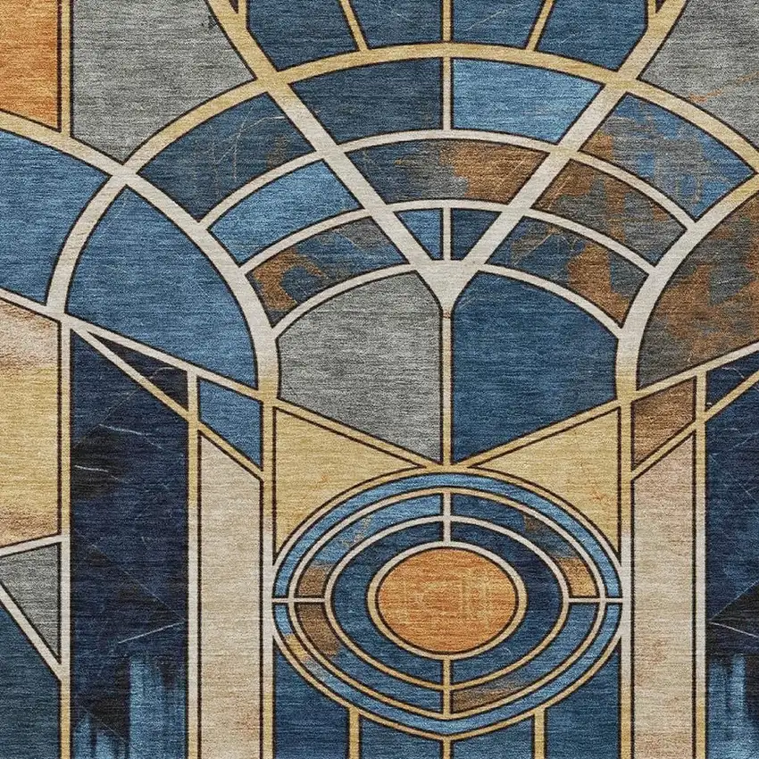 Blue Beige And Copper Geometric Washable Indoor Outdoor Area Rug Photo 6