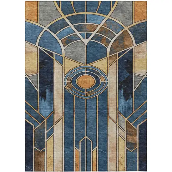 Blue Beige And Copper Geometric Washable Indoor Outdoor Area Rug Photo 1